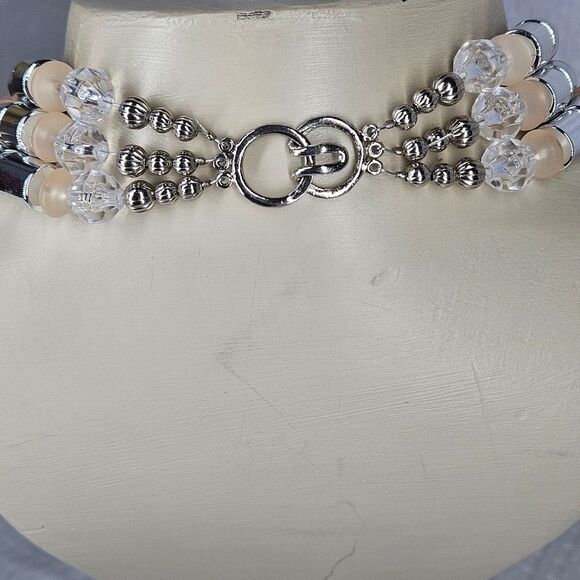 Dramatic Triple Strand Acrylic Beaded Necklace - Peach & Silver - Picture 7 of 10